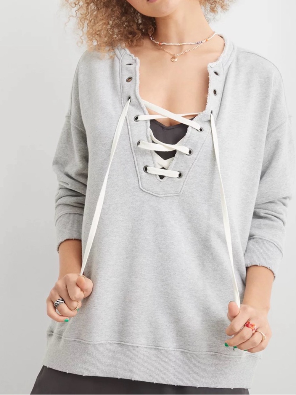 Aerie Heather Gray Lace-Up Hoodie